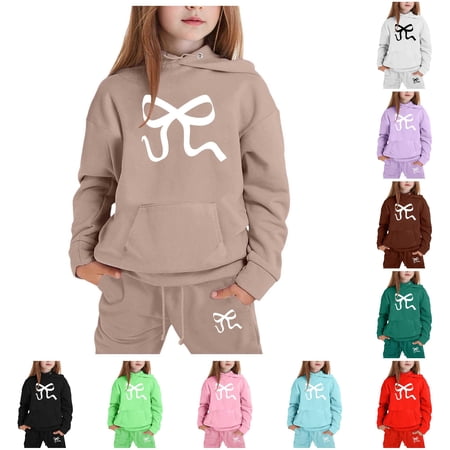 ZXLBBD Girls Hoodies Set Long Sleeve Sweatpants and Joggers Casual Kids with Bow Print for Toddler Kids Fashion Outdoor Clothes Sets Khaki Size 8 Y-9 Y