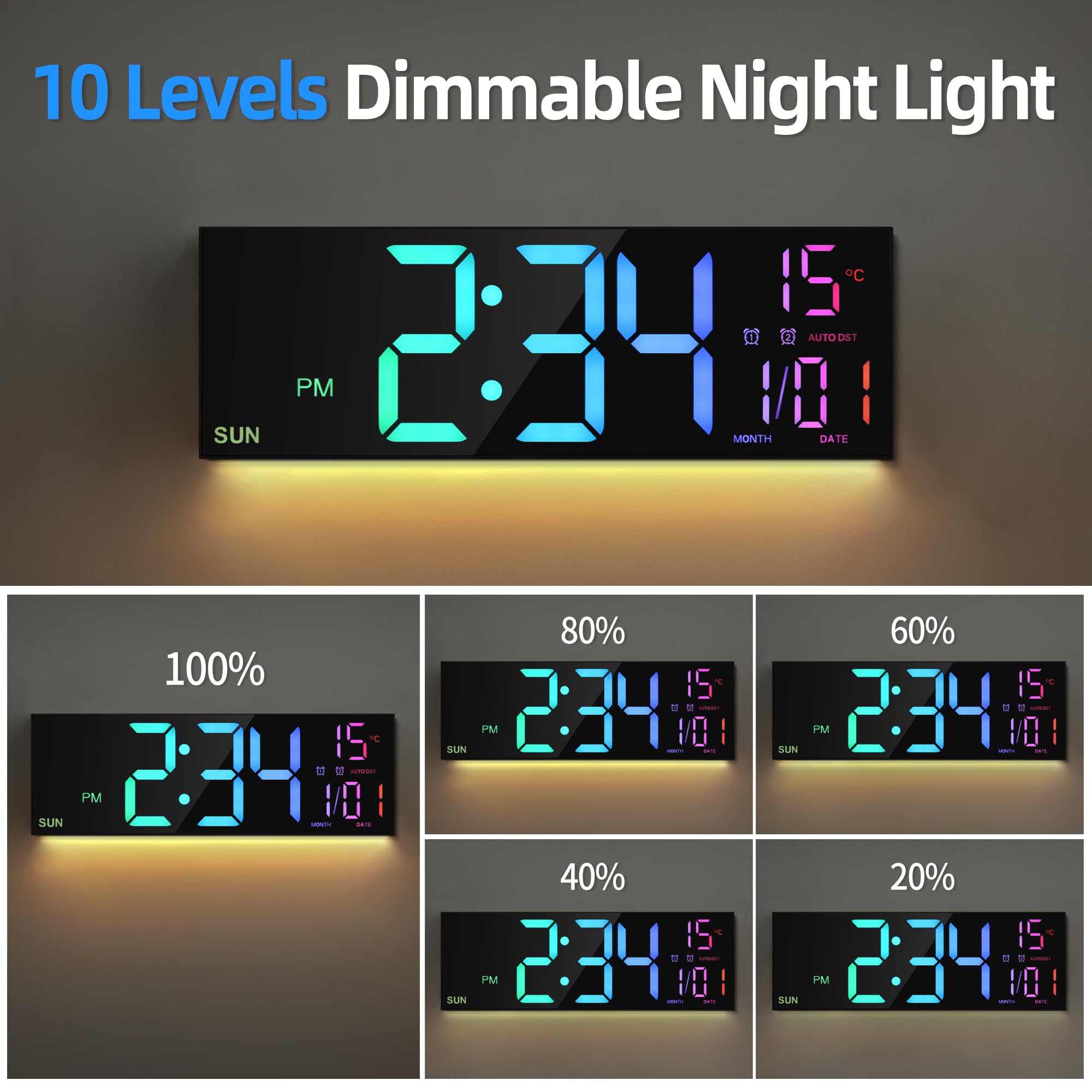 Mee 2ou 16" Large Digital Clock With Temperature, Date, Auto DST, Night Light, Auto Brightness Dimmer, 24/12-hour Wall Clock for Living Room Garage Office Classroom Gym Shop Decor
