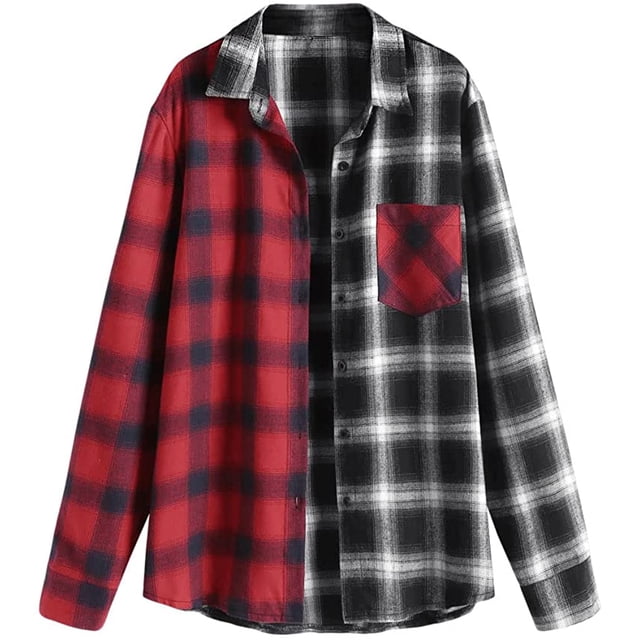 Women's Plaid Long Sleeve Button Down Wool Blend Shirt Jacket Blouse