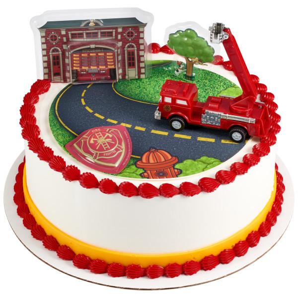 Fire Truck And Station Decoset With Round Edible Cake Topper Image Background Walmart Com