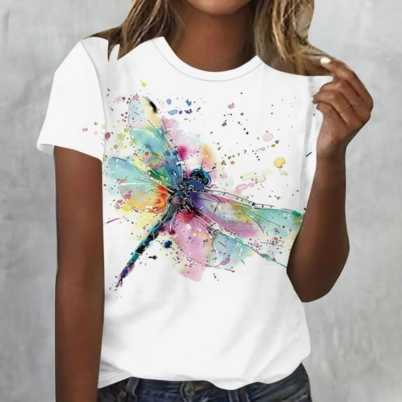 WXLWZYWL Womens Summer Tops Plus Size Short Sleeve Round Neck Tie Dye Shirts Colorful Butterfly Dragonfly Printing Graphic Tees Tops Casual Loose Summer T-Shirt