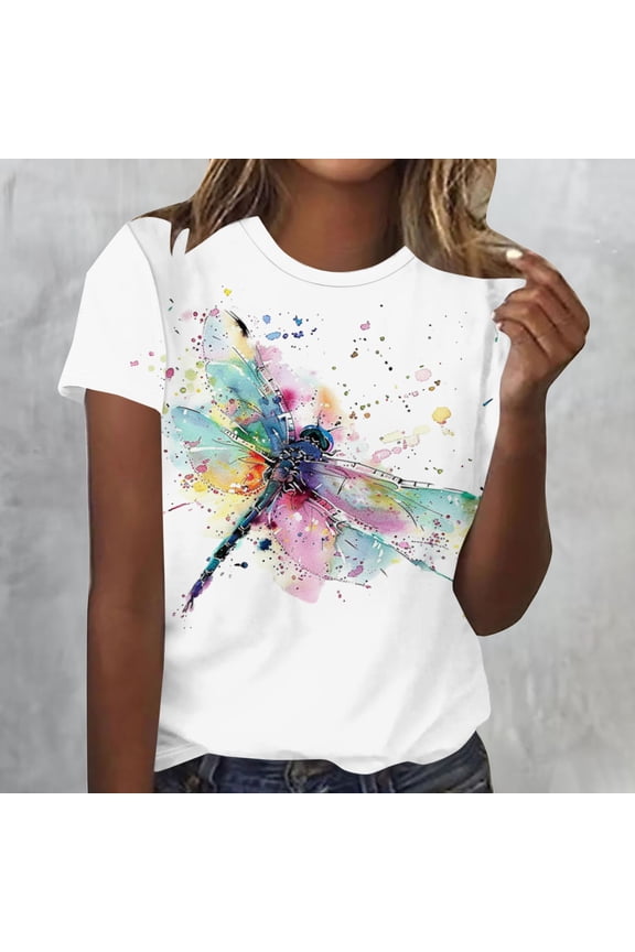 Womens Summer Tops Plus Size Short Sleeve Round Neck Tie Dye Shirts Colorful Butterfly Dragonfly Printing Graphic Tees Tops Casual Loose Summer T-Shirt