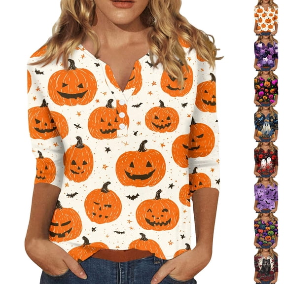 Women Plus Size Halloween Shirt Funny Cute Graphic Sweatshirts Short Length Sleeve Tunic Tops Halloween Pumpkin Print Casual T-Shirt