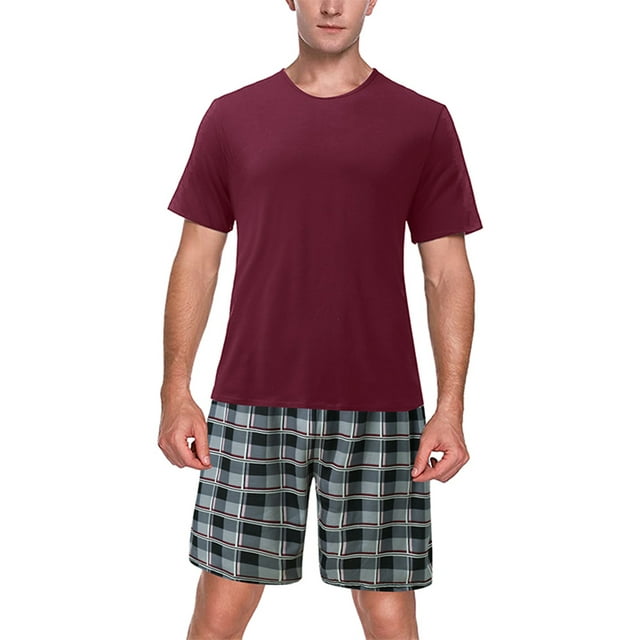 Fashnice Pyjama pour Hommes Deux Pièces Tenue de Nuit 2 Pcs Ensemble de Pyjama Ample Pyjama Tenue d'Intérieur Rouge Noir TG