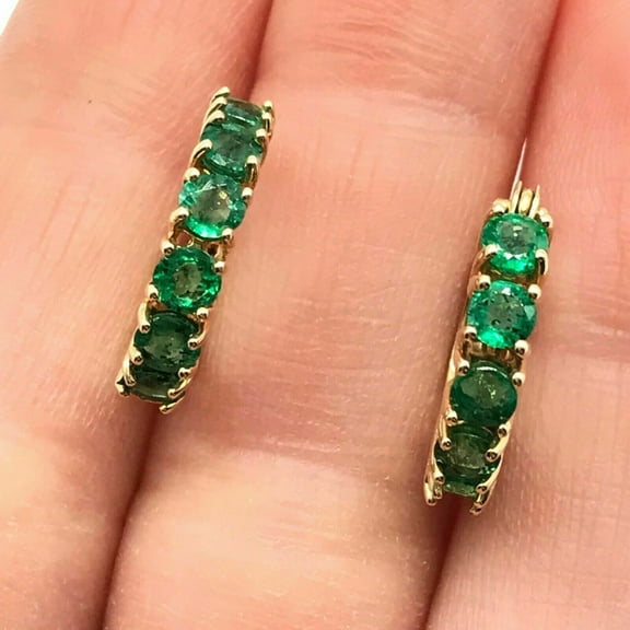 14k Yellow Gold Natural Green Emerald Gemstone Huggie Hoop Earrings