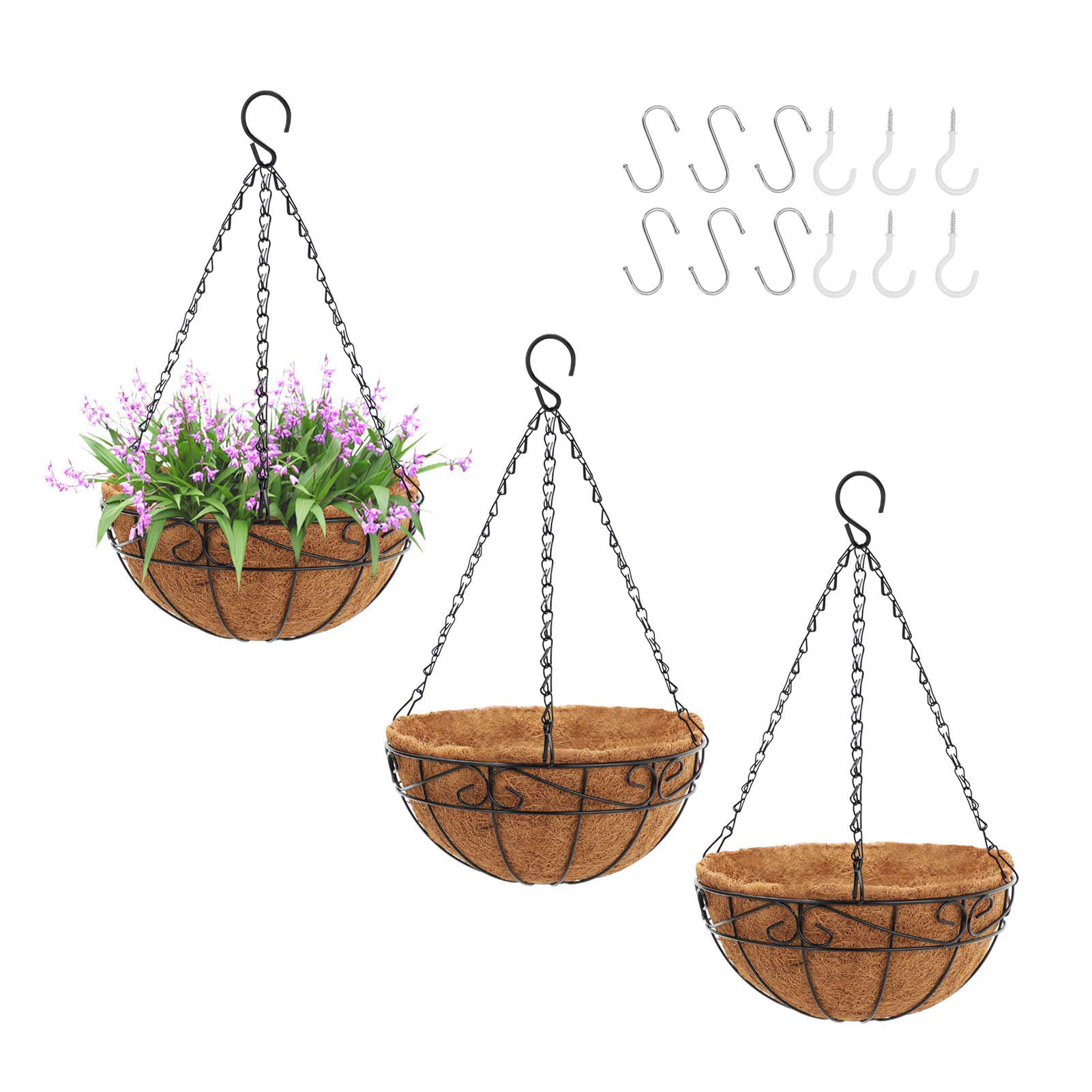 Round Wire Plant Holder with Chain and 12 Pcs Hooks GROWNEER 6 Packs 10 Inches Metal Hanging Planter Basket with Coco Coir Liner Hanging Baskets for Garden Patio Porch Balcony Décor