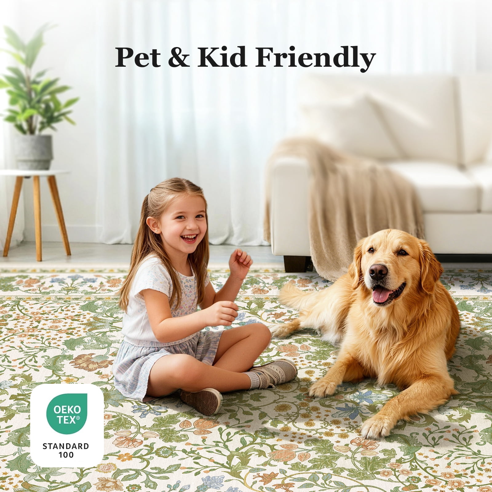 CHITOOMA 8'x10' Area Rugs for Living Room, Floral Washable Rug Boho Non-Slip Printed Carpet, Vintage Stain Resistant Indoor Rug for Bedroom Dining Room Home Office
