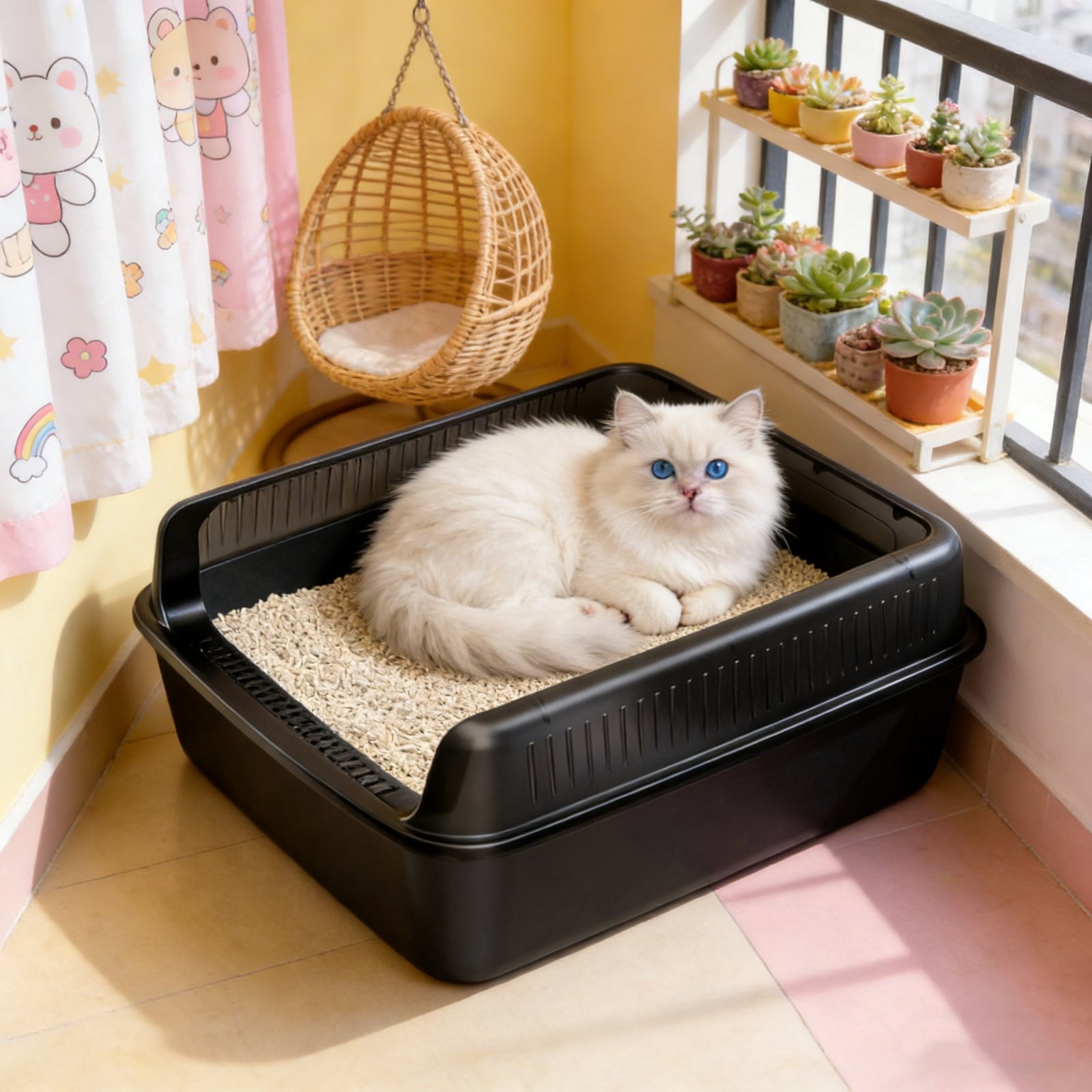 Black Semi Enclosed Cat Litter Box With Top Entry High Sides Odor Control Non Stick Easy Clean Includes Scoop 16X12X8 Inch Multiple Colors