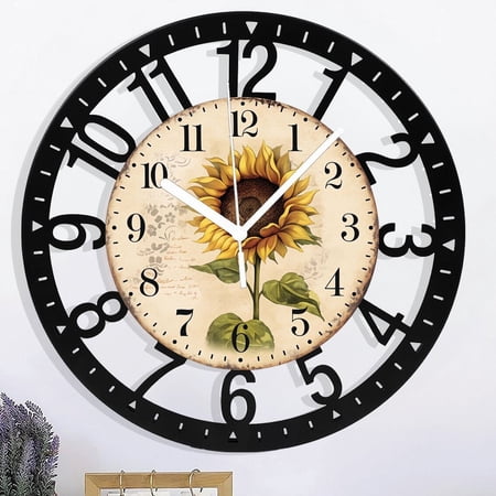 Art Decorative Arabic Numeral Wrought Iron Wall Clock Battery Operated Quartz Silent Round Clocks 10 Inch Sunflower Hanging Clock for Bedroom,Dining Room,Office And Living Room 25cm Style