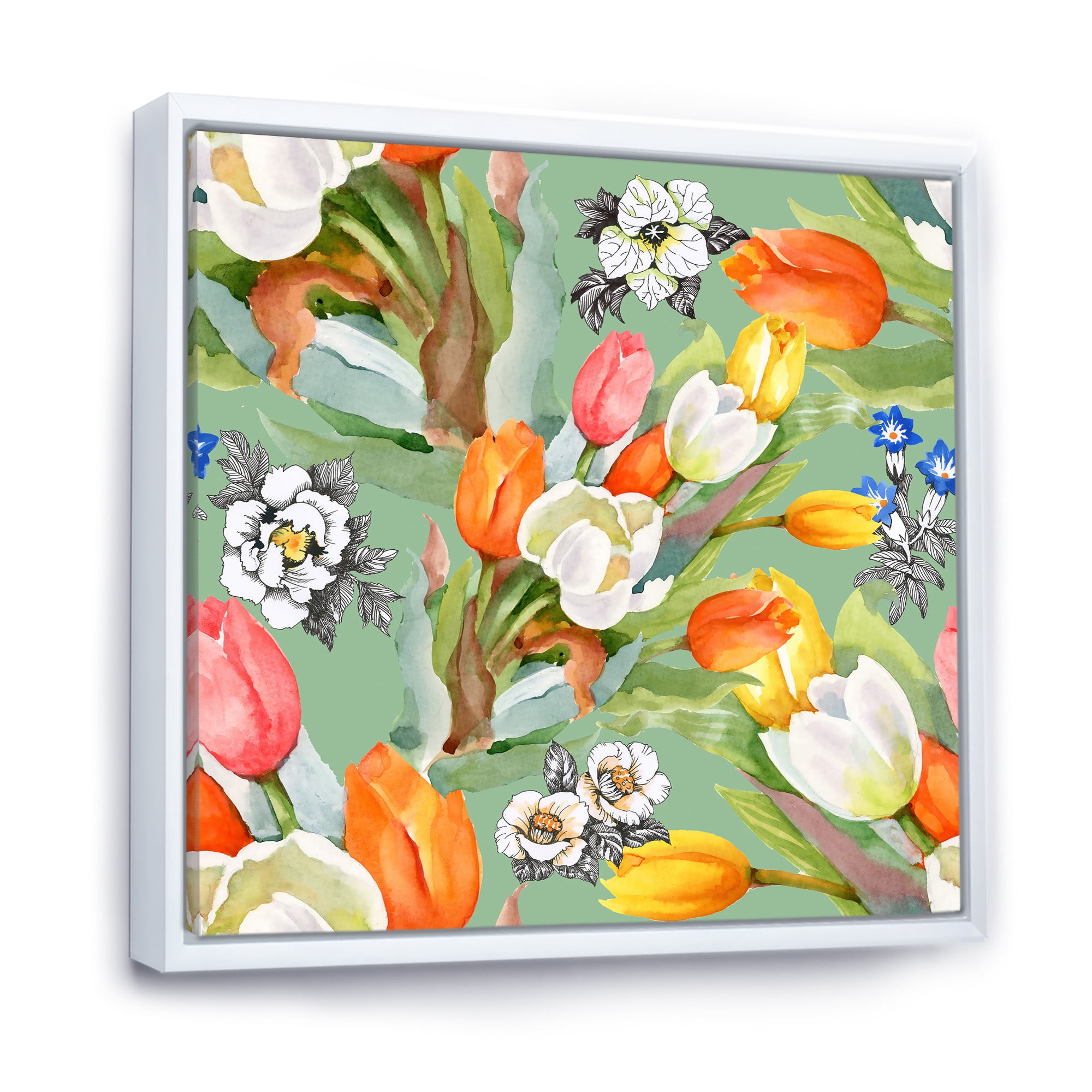 Designart 'Blooming Orange and White Tulips II' Traditional Framed Canvas Wall Art Print