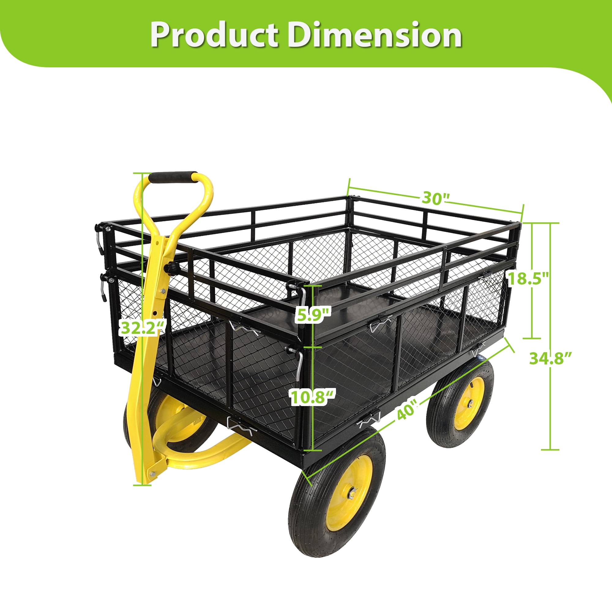 Heavy Duty Steel Garden Cart, 1400 lbs Capacity Utility Wagon, Removable Mesh Sides Convertible to Flatbed, 2-in-1 Handle & 16" Rubber Tires for Garden Farm Yard