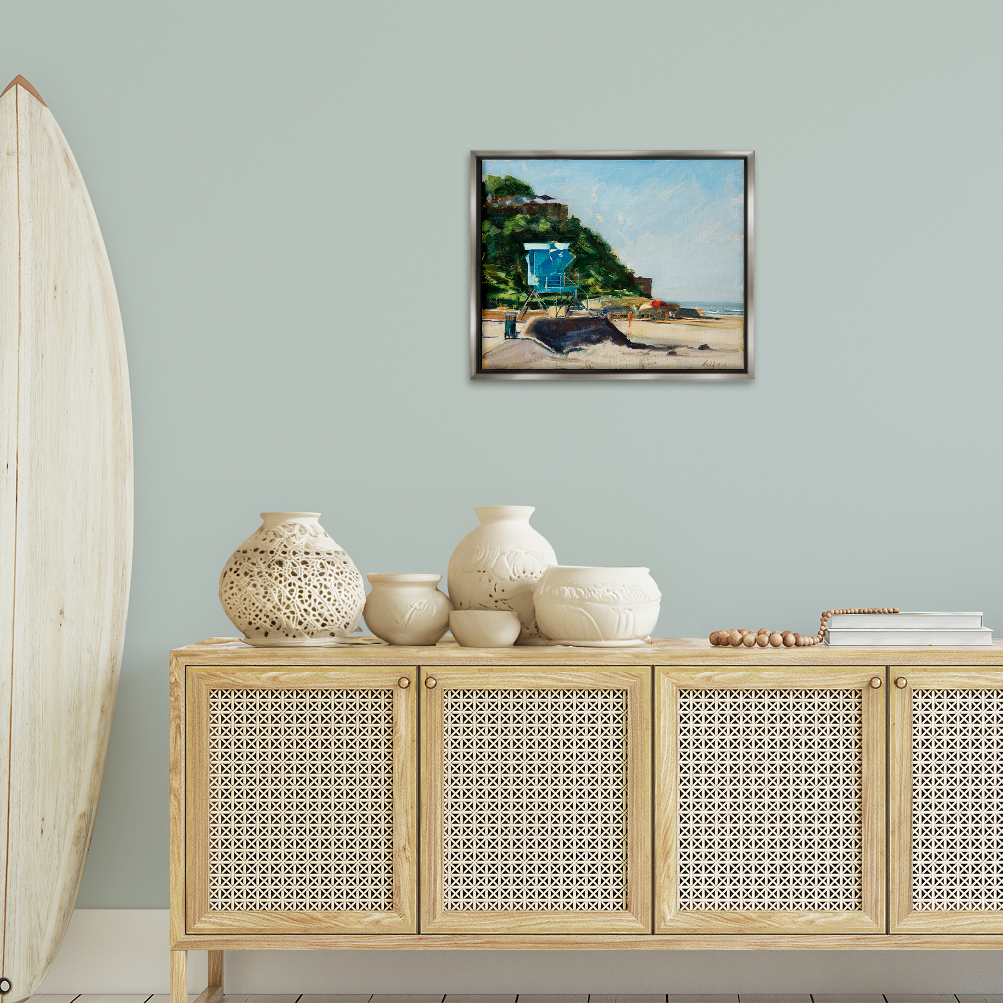 Stupell Industries Beach Guard Tower Landscape & Nature Painting Gray Floater Framed Canvas Art Print Wall Art, 21 x 17