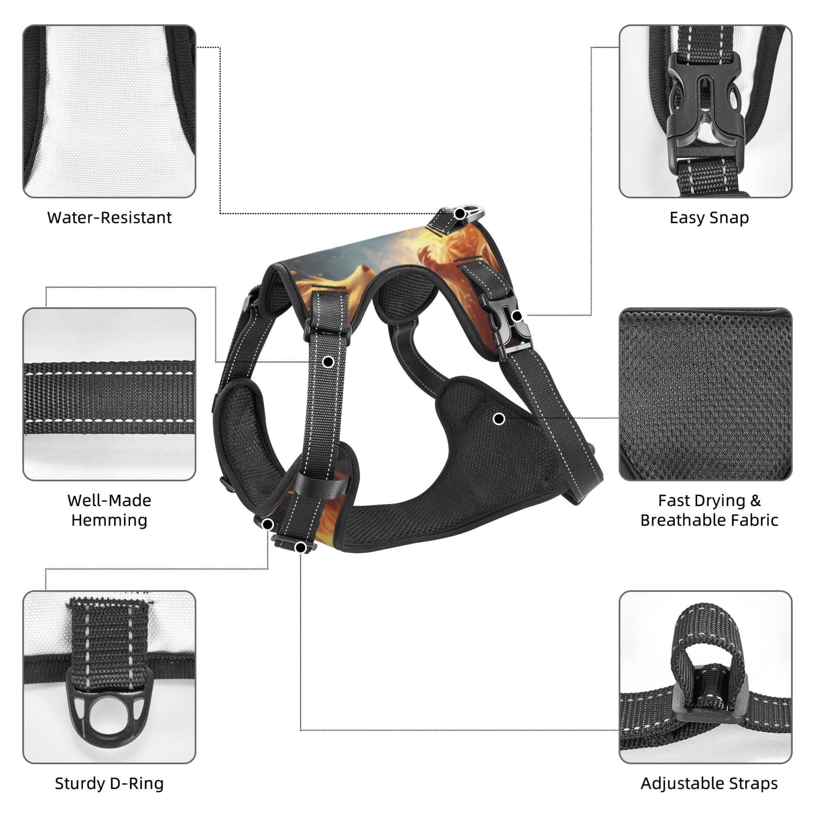 Kdxio Red And Gray Flame Fox Print No Pull Dog Harness Adjustable Reflective Oxford Easy Control Medium Large Dog Harness for Training and Everyday-X-Large