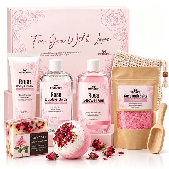 MOROVAN Rose Spa Gift Set for Women, 8Pcs Bath & Body Gift Box with Bubble Bath, Shower Gel, Body Cream, Bath Bomb, Bath Salts & Rose Soap, Birthday Christmas Gifts for Her