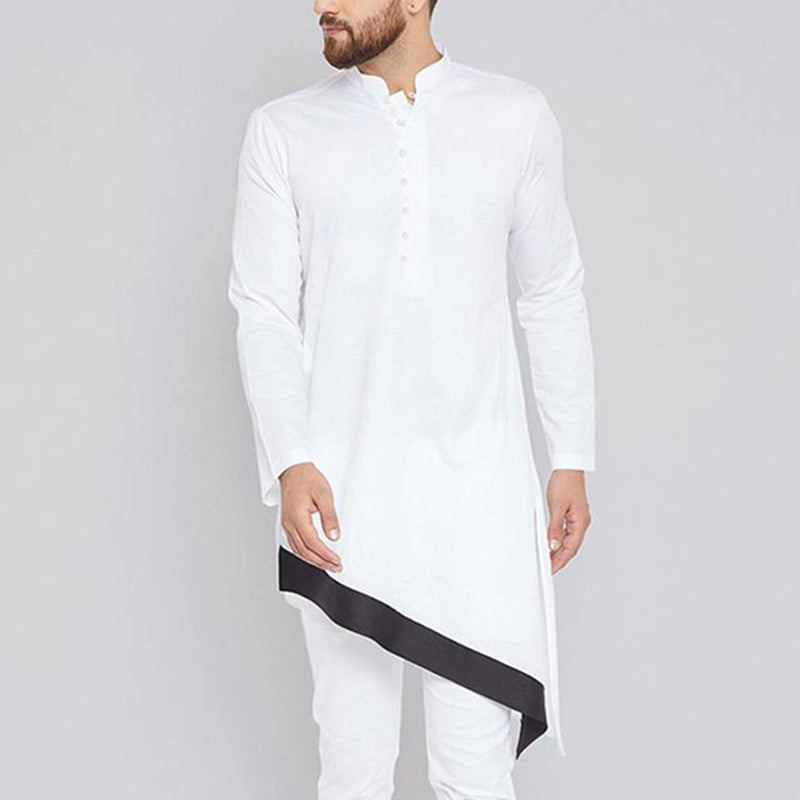 Men Navy Blue & White Ethnic Printed Cotton Linen Straight Kurta Handcrafted Kurta Kurta Men Top Tunic Short Kurta Indian Shirt Kurta