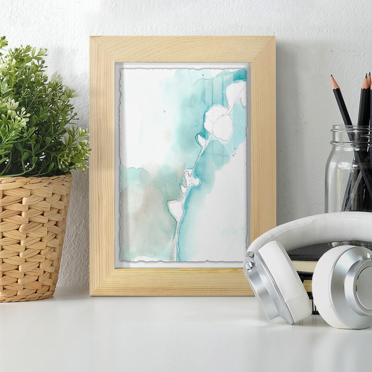 Ginkgo on Dusty Teal VII - Framed Print w/glass - Natural Wood