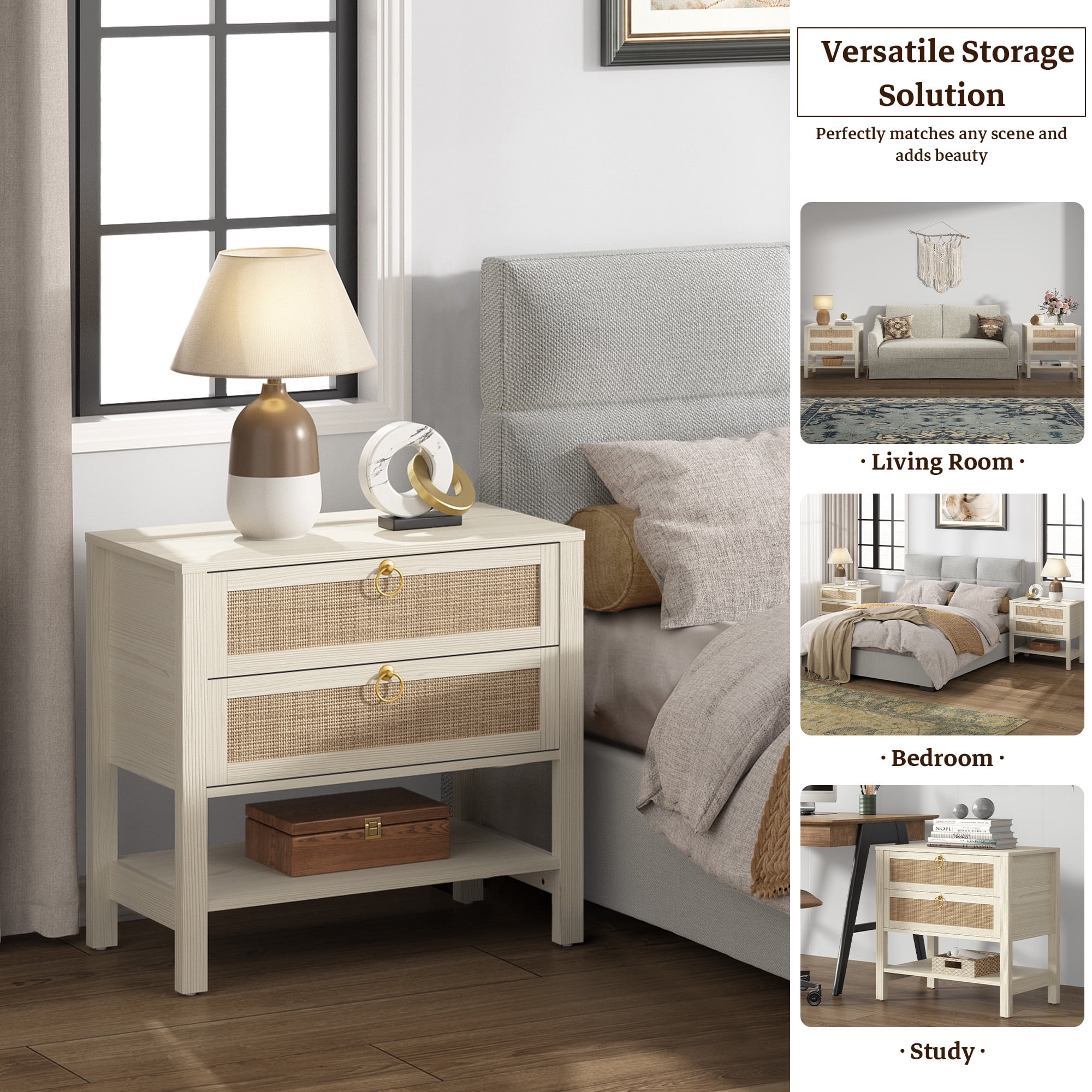 Surmoby 26.7"W Boho Nightstand Set of 2 - Coastal Farmhouse Bedside Tables with 2 Rattan Drawers & Open Shelf, Cream White Finish for Bedroom/Living Room