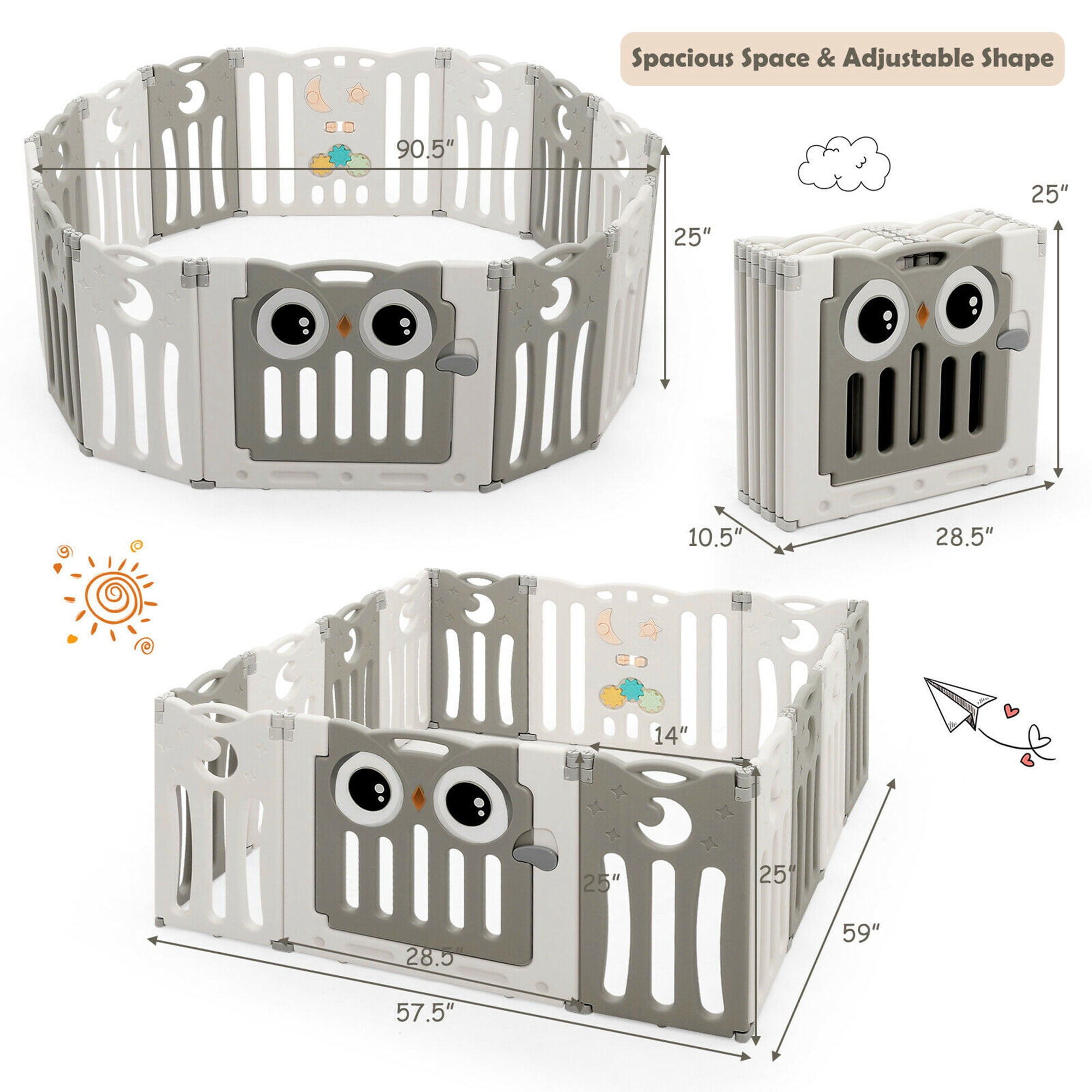 Gymax 14-Panel Baby Playpen Foldable Play Yard Kids Activity Center with Lock Door, Beige