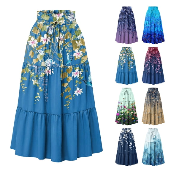 Women's Floral Maxi Skirt, Drawstring High Waist Tiered Pleated Skirt, Lightweight Flowy Boho Skirt for Summer, Vacation and Beach,Blue,L