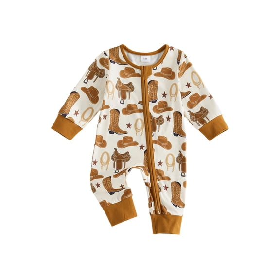  Cjfdfy Newborn Baby Girls Boy Western Fall Jumpsuit Boots Bow Hat Print Zipped Long Sleeve Romper Newborn Going Home Outfit Infant Cute Country Farm Clothes 0-18M