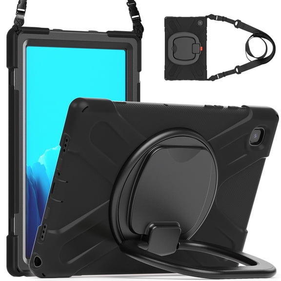 Case for Samsung Galaxy Tab A7 10.4 inch, 360 Degree Rotating Hand Grip Shockproof Cover with Shoulder Strap, Black