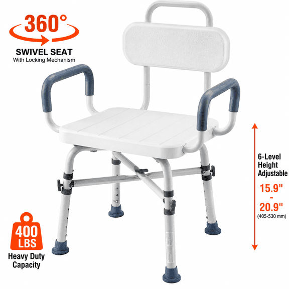 Swivel Shower Chair with Arms and Back, 400 lbs Heavy Duty 360° Rotating Bath Seat, 6-Level Height Adjustable Aluminum Shower Bench for Seniors, Adults, Bathtub & Shower Stall