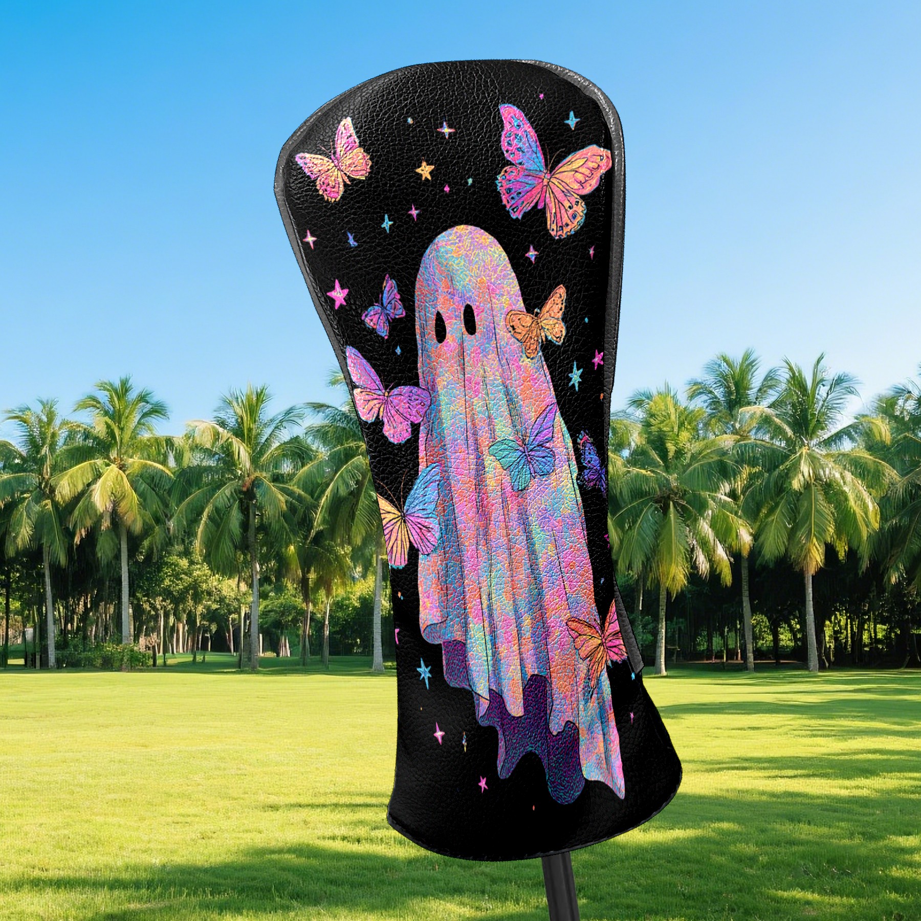 Golf Club Covers, Black GhostButterfly Premium PU Leather Driver Hybrid Putter Head Covers with Velvet Lining, Waterproof Golf Gifts for Men Women