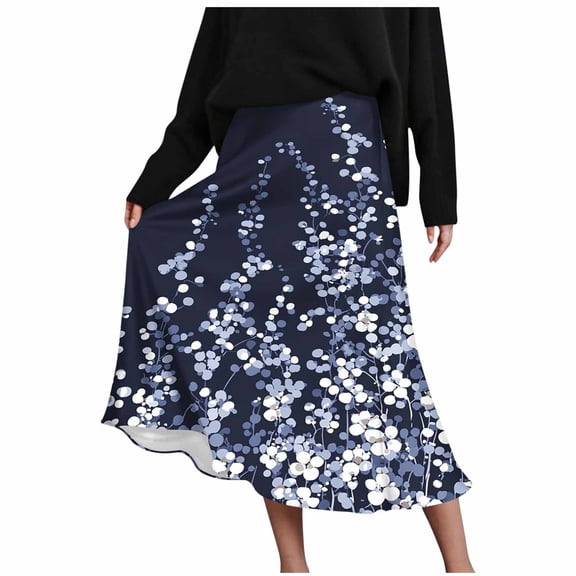 YUGYXL Women’s A-Line Elegant Satin Midi Skirt Elastic High Waisted Summer Business Casual Swing Skirts Navy S
