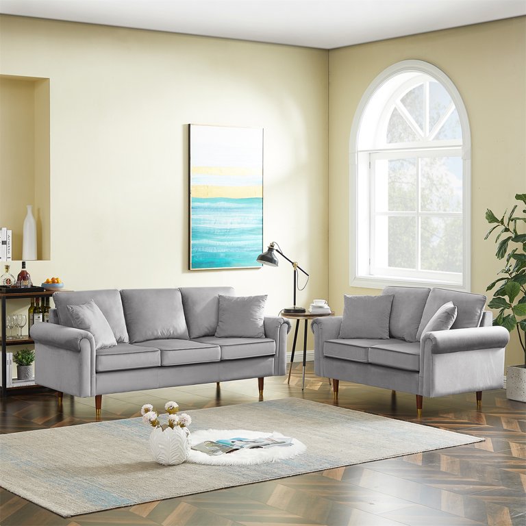 2 Piece Sectional Sofa Set with 3-Seater Sofa, Loveseat & 4 Pillows - Grey