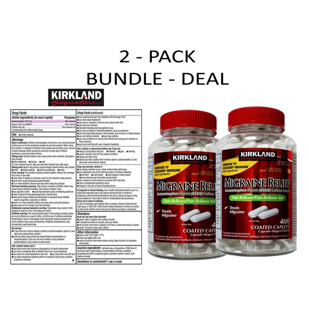 Kirkland Signature Migraine Relief, 400 Coated Caplets 2 Pack