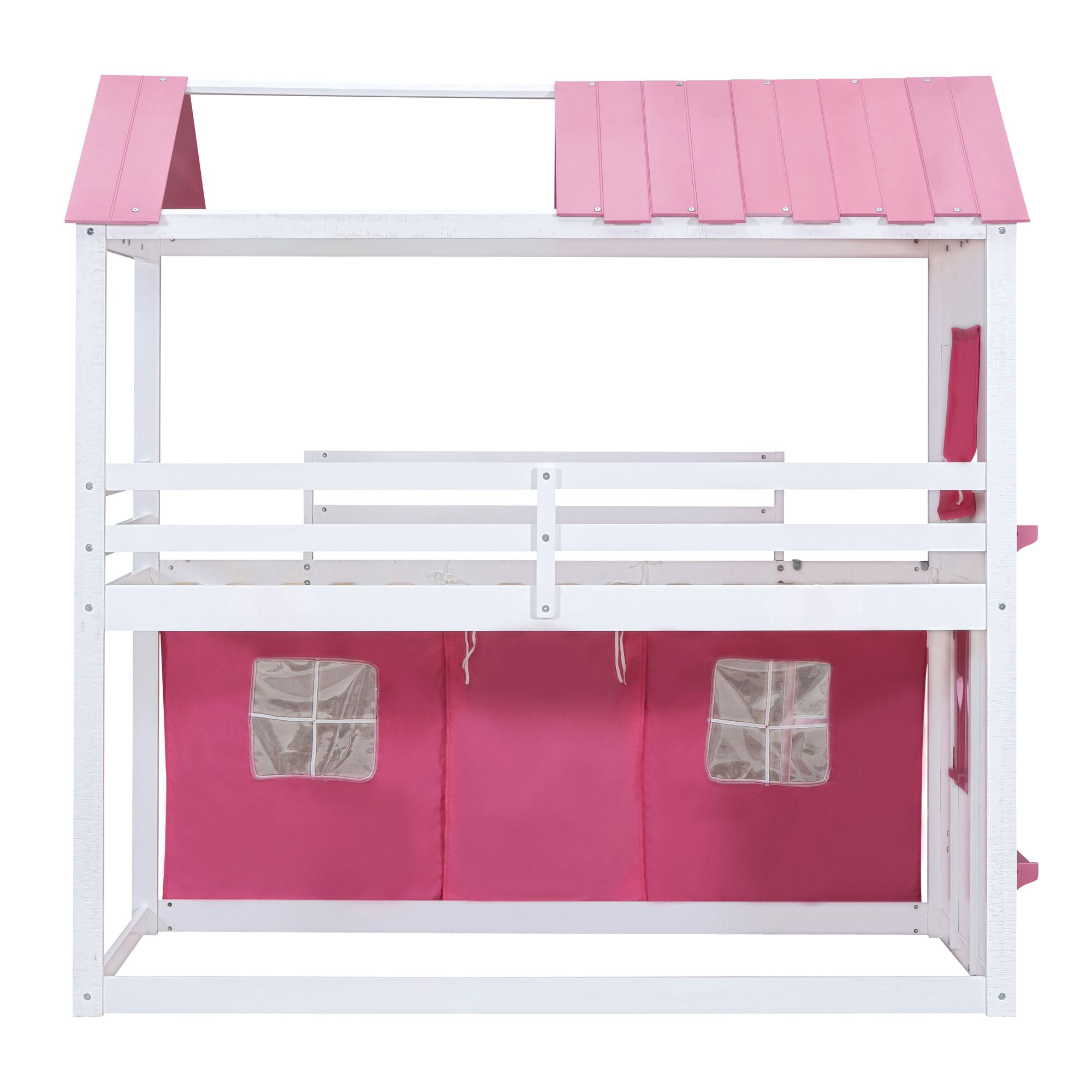 Aukfa Twin over Twin Bunk Bed with Tent and Roof, Wood Playhouse Bed for Kids, Pink