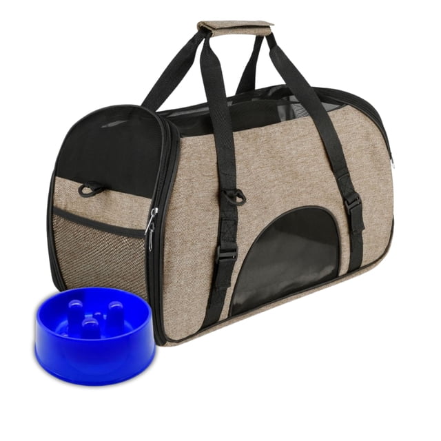 Mochila Transportadora Perro Gato Bolsa Beige Mascota + Plato de Alimentación Lenta