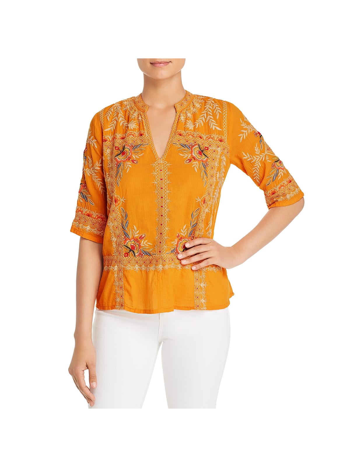 Johnny Was - Johnny Was Womens Embroidered V-Neck Peasant Top Yellow XS ...