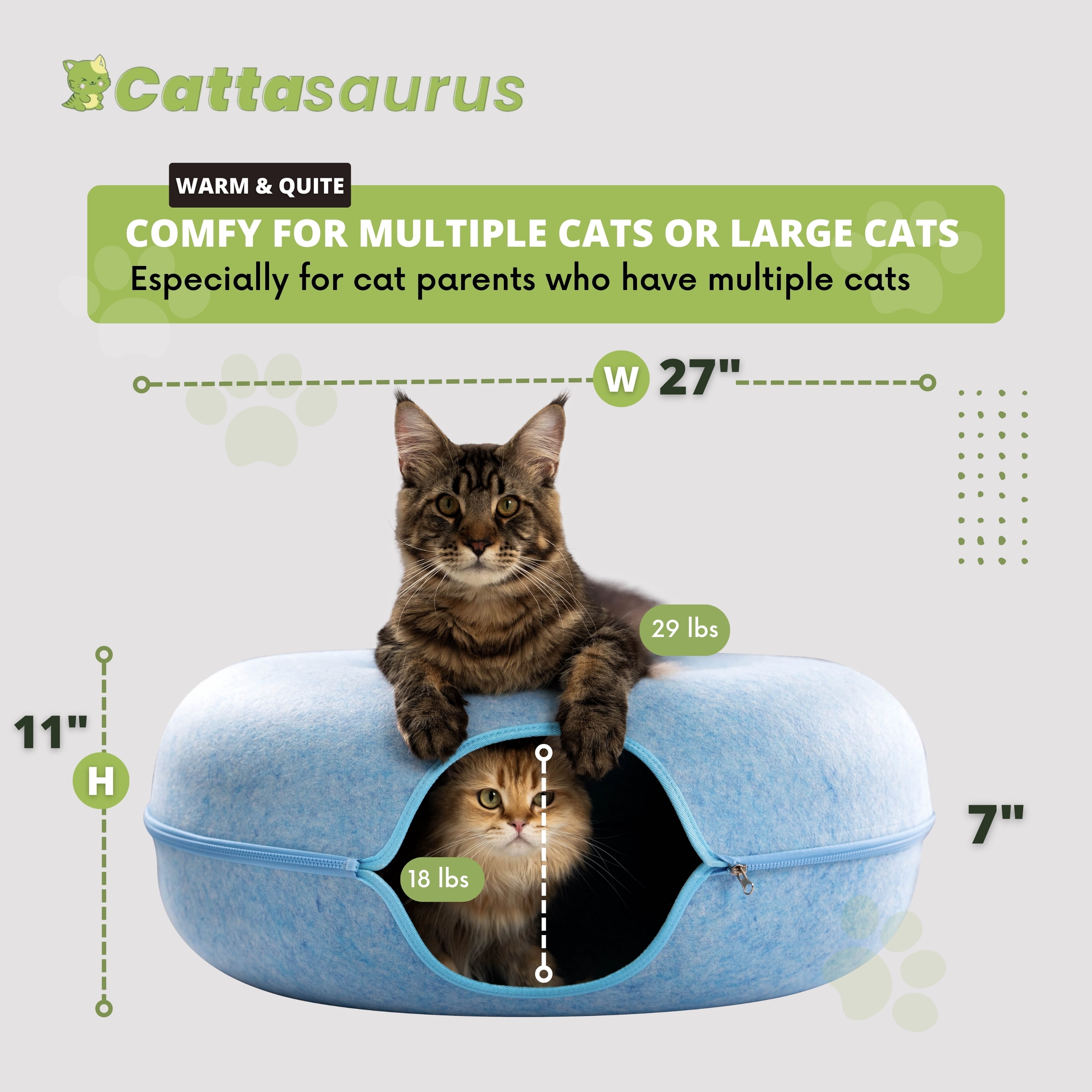 Cattasaurus Peekaboo Cat Cave Tunnel Bed for Cats up to 45 lbs (Blue, Jumbo)