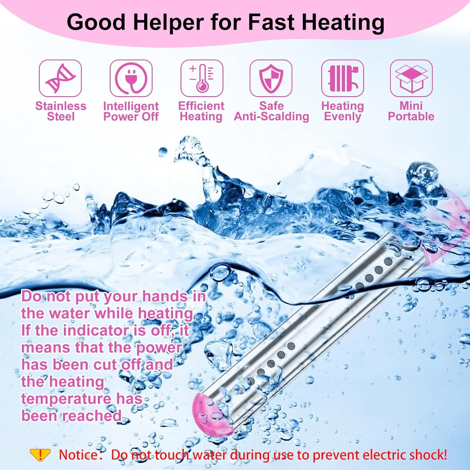 DICEEVIL Immersion Water Heater, 2000W Portable Bucket Heater with Timer Digital Thermometer Stainless-Steel Portable Submersible Water Heater for Inflatable Pool Bathtub, Basin, Pink