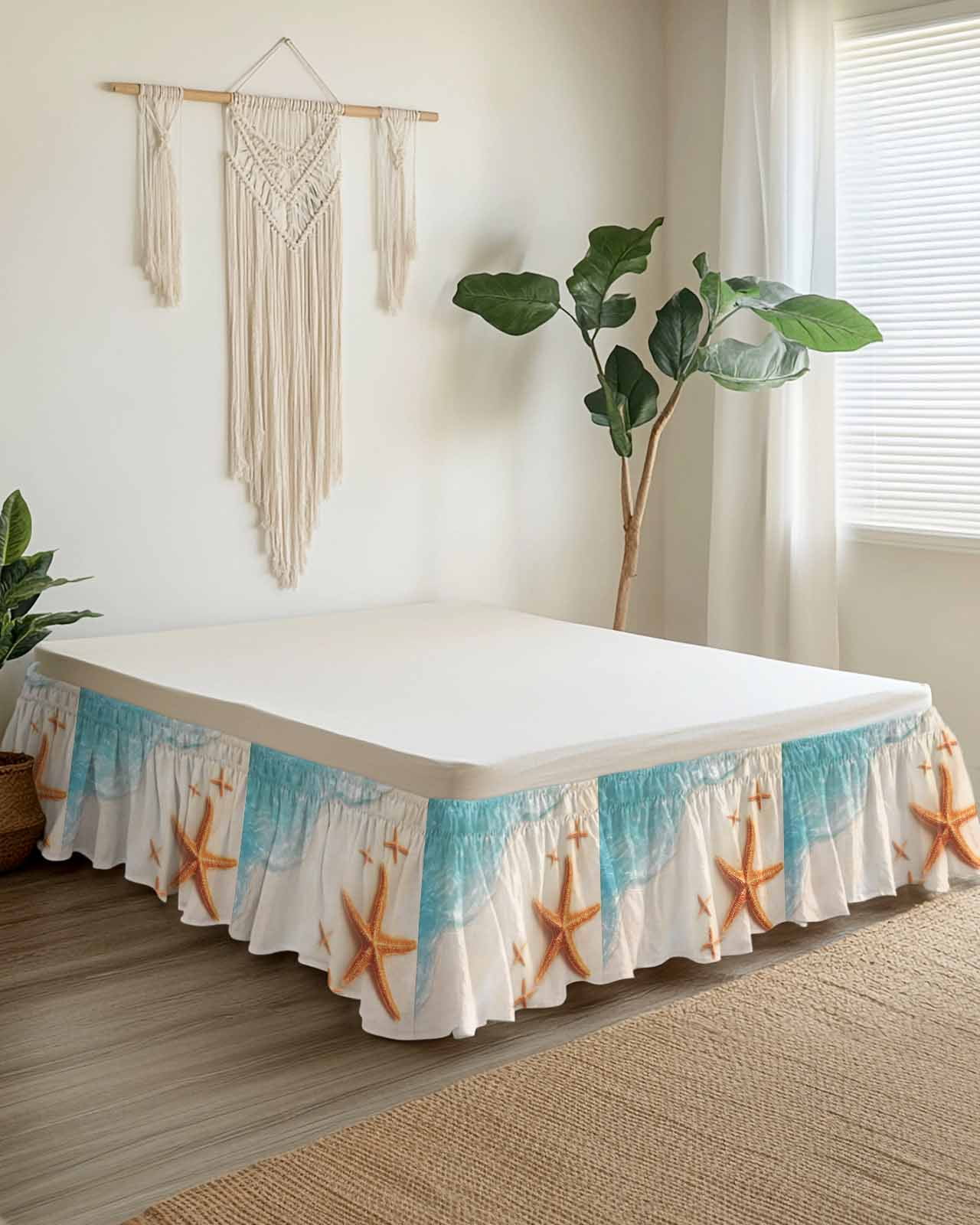 Ocean Beach Bed Skirt King Size 18" Drop Coastal Starfish Summer Nautical Ruffled Wrap Around Bed Skirts Adjustable Elastic Bedskirt Dust Ruffle for King Size Bed