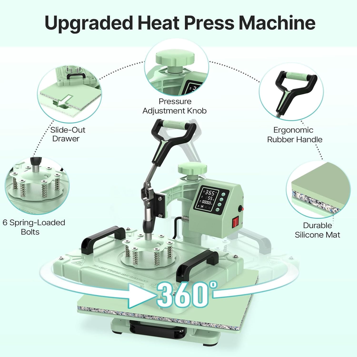 PNKKODW 12x15 inch 5 in 1 Heat Press Machine with 30OZ 20OZ Tumbler, 360° Swing Away Digital Heat Transfer Sublimation for T-Shirt, Hat Cap Plate,Green