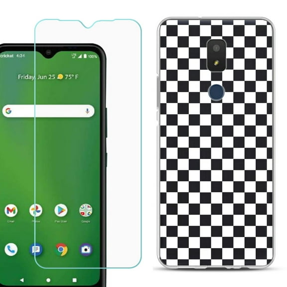 Slim-Fit TPU Fashion Phone Case for Cricket Icon 3, with Tempered Glass Screen Protector, by OneToughShield ® - Checker B/W