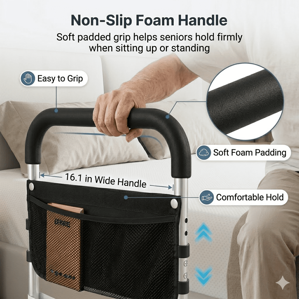 Bed Rails for Elderly Adults, Adjustable Bed Assist Rail for Seniors with Non-Slip Foam Handle, 300 lbs Bedside Safety Rail with Extended Base, Mesh Pocket & Securing Strap for Queen King Twin Beds
