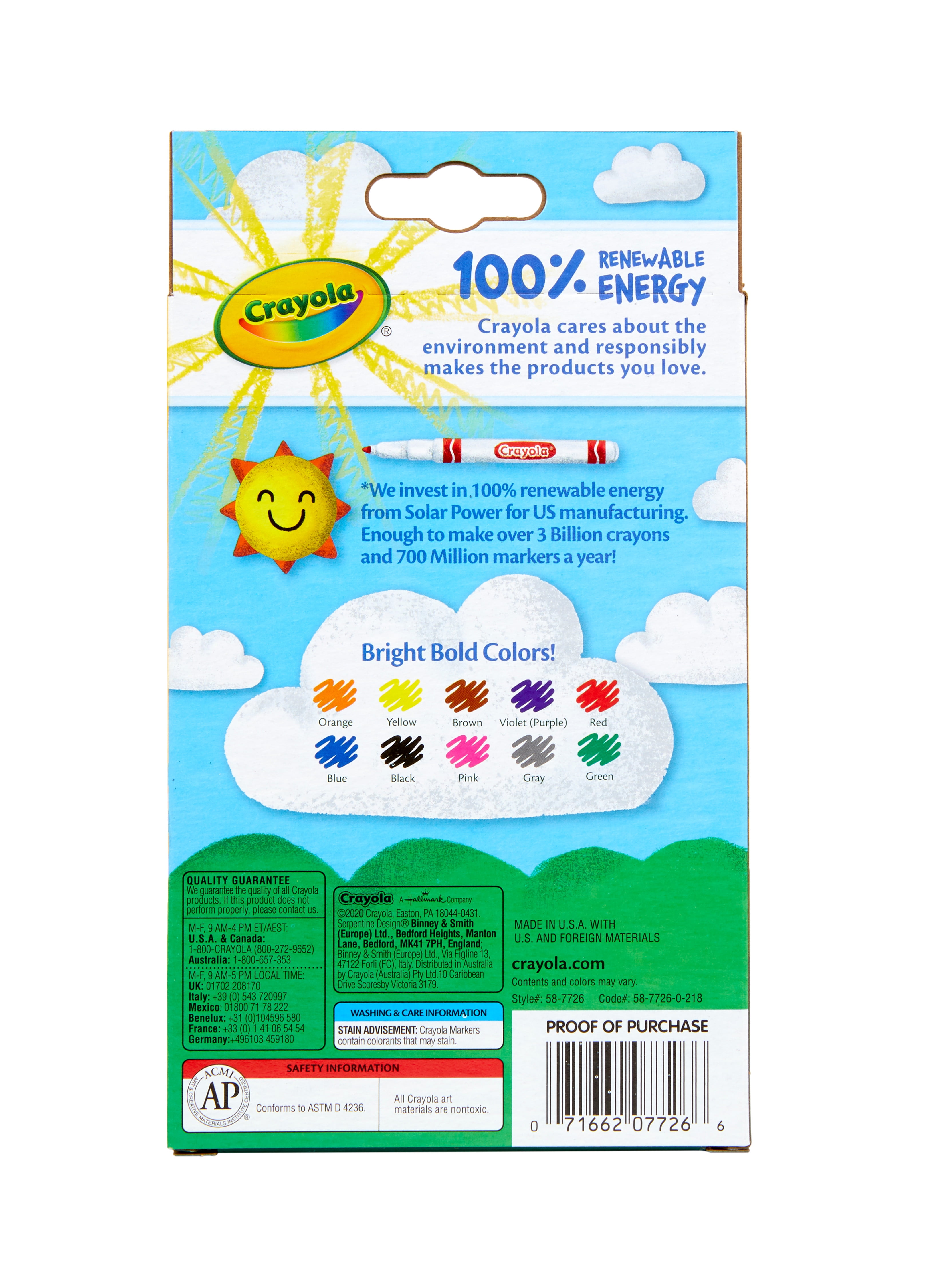 Crayola Classic Thin Line Marker Set, 10 Ct, Multi Colors, Back to