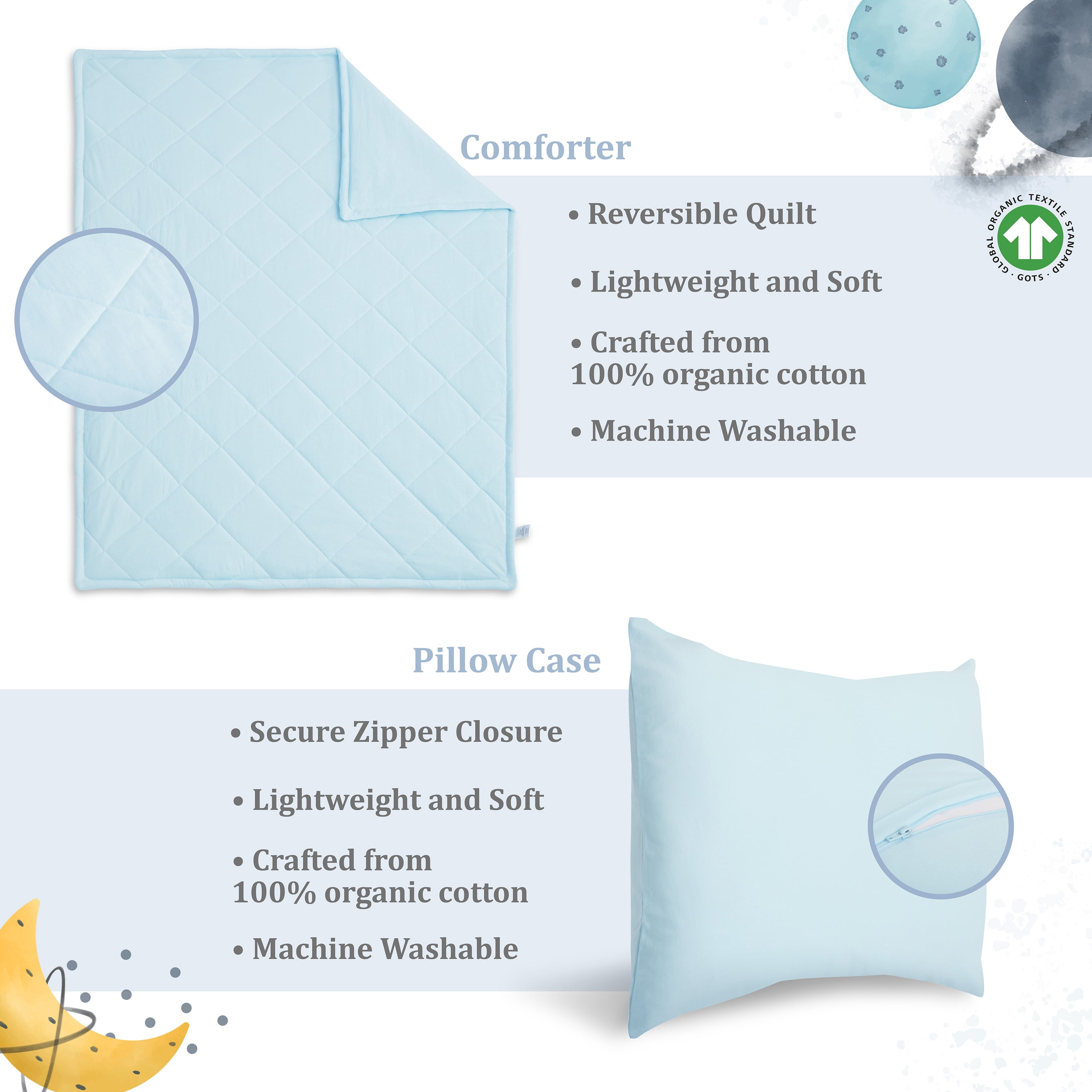 Evolur Space Adventure Collection 3pc Toddler Bed Set (Fitted Sheet, Comforter, Pillow Case) in Arctic Blue & Space Print