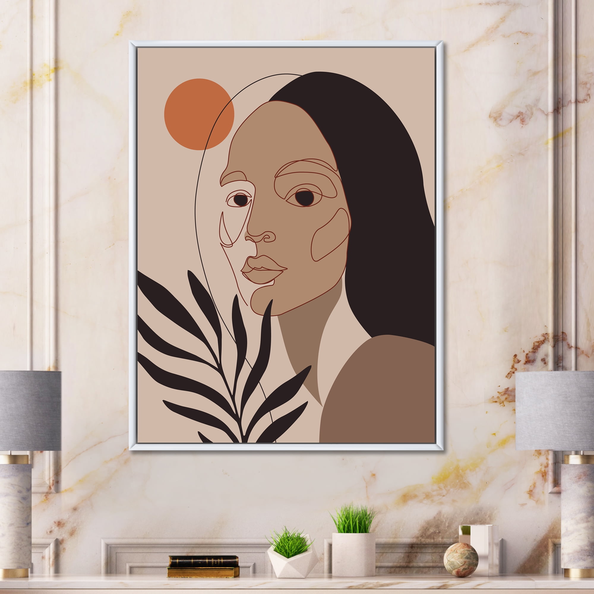 Designart 'Retro Minimal Portrait of Young Girl' Modern Framed Canvas Wall Art Print