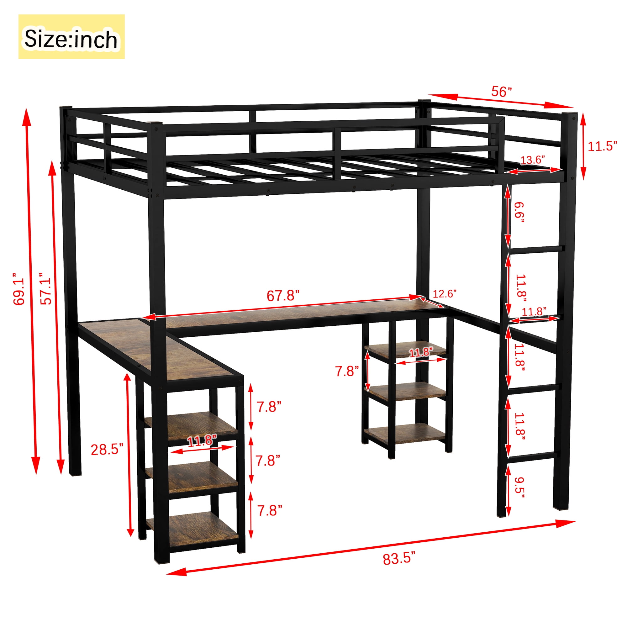 Mintazer Full XL Loft Bed with L-Shaped Desk & Storage Shelves, Metal Loft Bed Frame with Ladder and Guardrails for Bedroom, Black