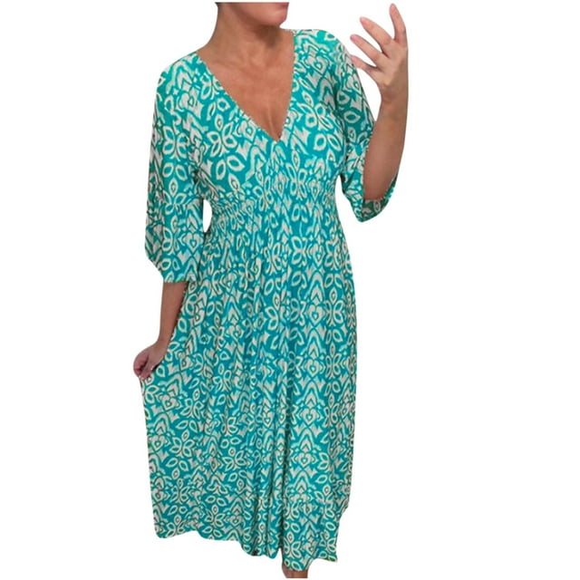 Mefallenssiah Mode Femmes Été Décontracté Taille Élastique Col en V Imprimé Manches 3/4 Robe Ample