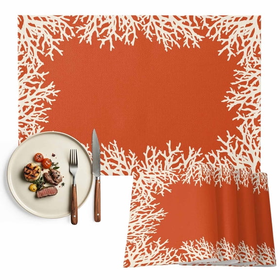 Placemats Set of 4, Orange Coral Place Mats Coastal Marine Life Tablemats Washable Placemat Table Decoration for Kitchen Table Dinner Party Home Decor Indoor Outdoor 13x19 Inch