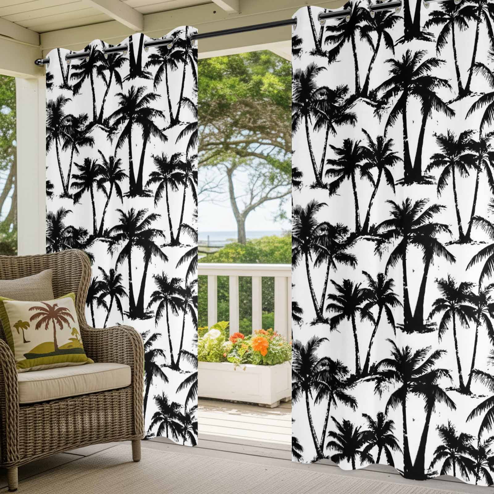Summer Beach Palm Outdoor Curtains for Patio, Tropical Country Coastal Seaside Black Tree Silhouettes Sunshade Privacy Drapes Grommet Waterproof Outside Curtains for Porch Balcony 54"x108", 1 Panel