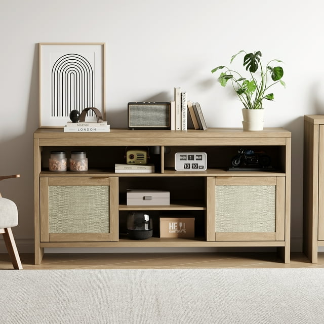 58 Inch Rattan TV Stand, Farmhouse Media Console with 4 Open Drawers and 2 Rattan Door Cabinets, Wooden Entertainment Center with Storage for Bedroom, Living Room, Rustic Brown