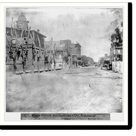 Historic Print, Sixth Street, Sacramento City, Grammar School - Baptist Church, Masonic Hall, 16" x 20"