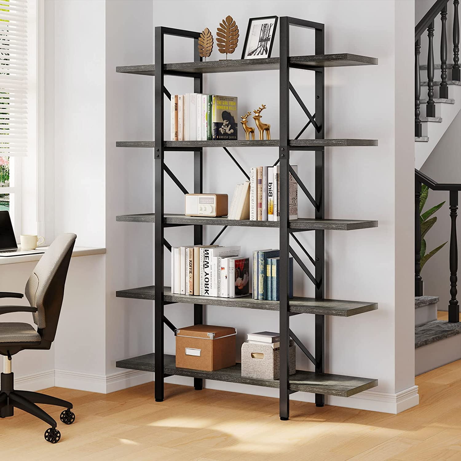 Dextrus 5-Tier Bookcase Storage Shelves, 65 in Ladder Bookshelf, Industrial Furniture for Bedroom Living Room Office, Charcoal Gray &Black, Size: 23.6