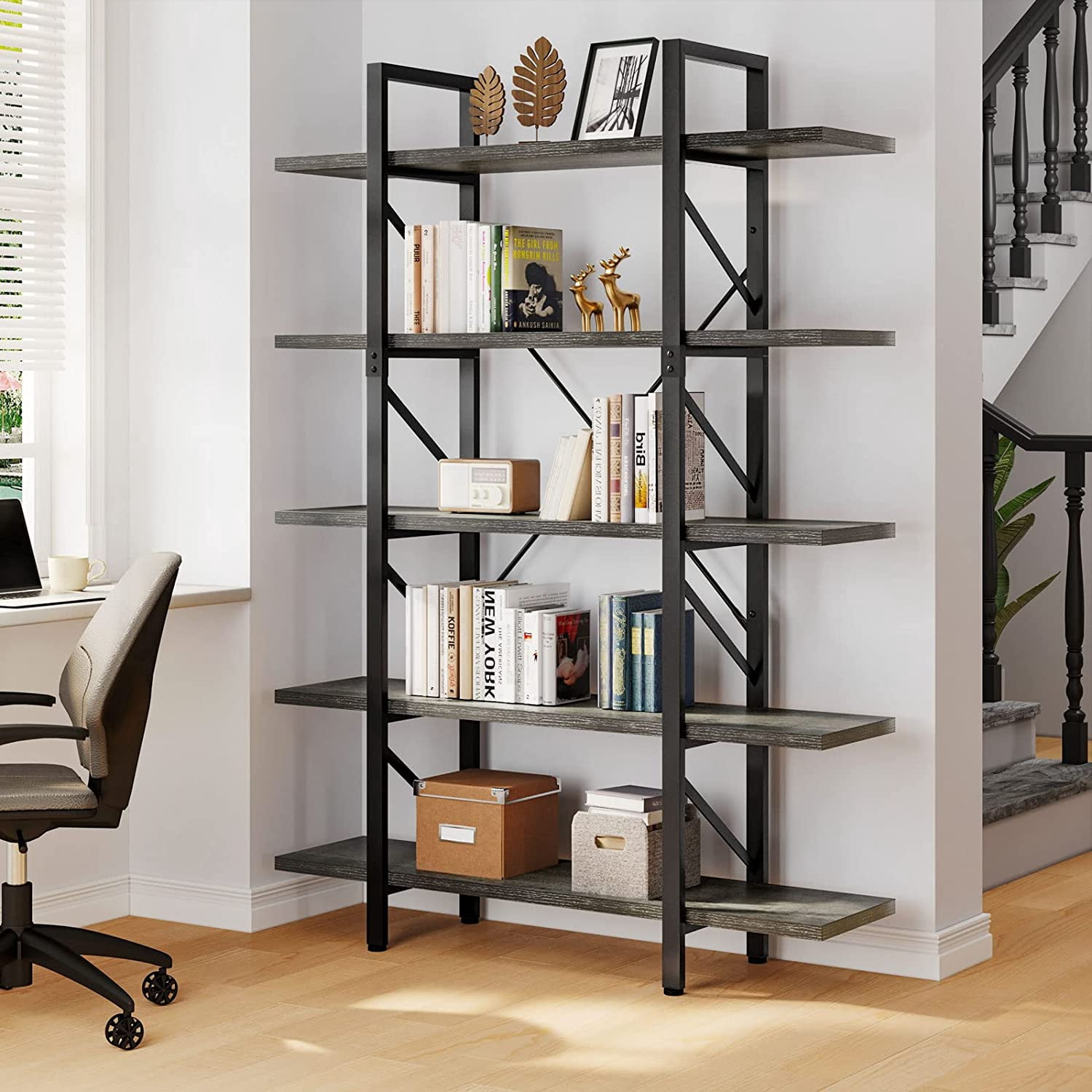 Dextrus Industrial 5 Shelf Bookcase, Modern Free Standing Bookshelf Storage Organizer with Metal Frame, Book Shelves for Living Room Bedroom Balcony Home Office, Gray Wash
